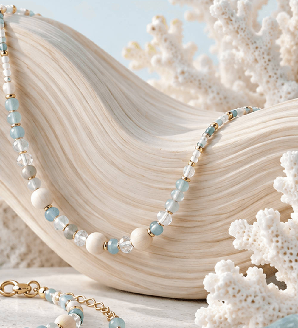 Bonito Current, A fluid strand of Japanese glass beads and natural wood.