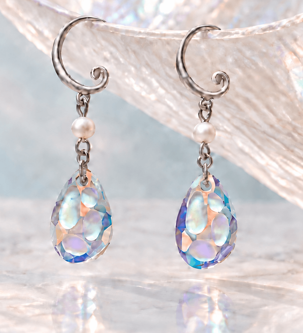 Nacre Drops, Hinoki wood, sea-glass seed beads and gold-filled details.