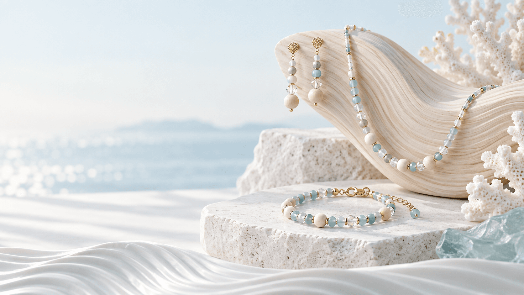 Handcrafted wood and sea-glass jewellery displayed on shell and stone